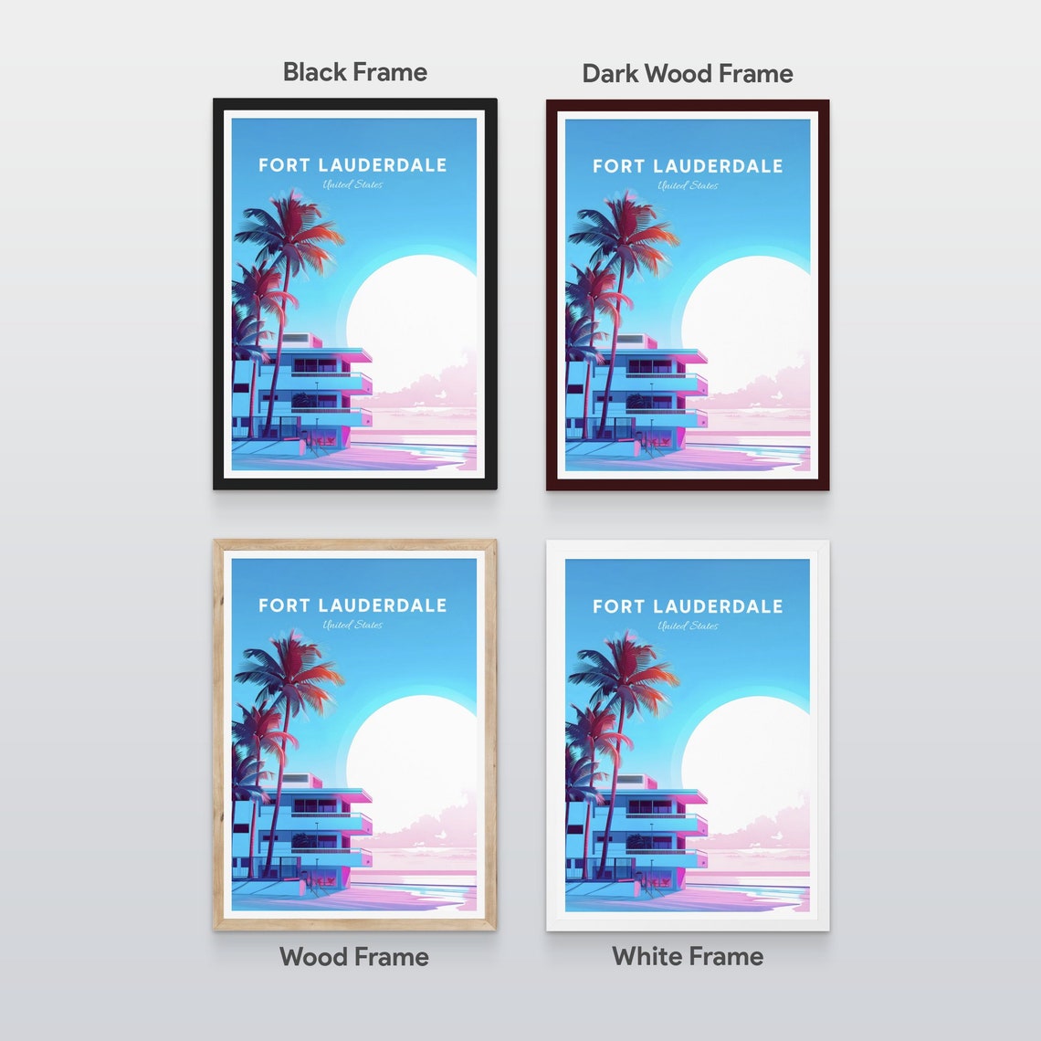 Fort Lauderdale Neon Pink Art Deco Beach House Retro Sunset Poster - Image 2