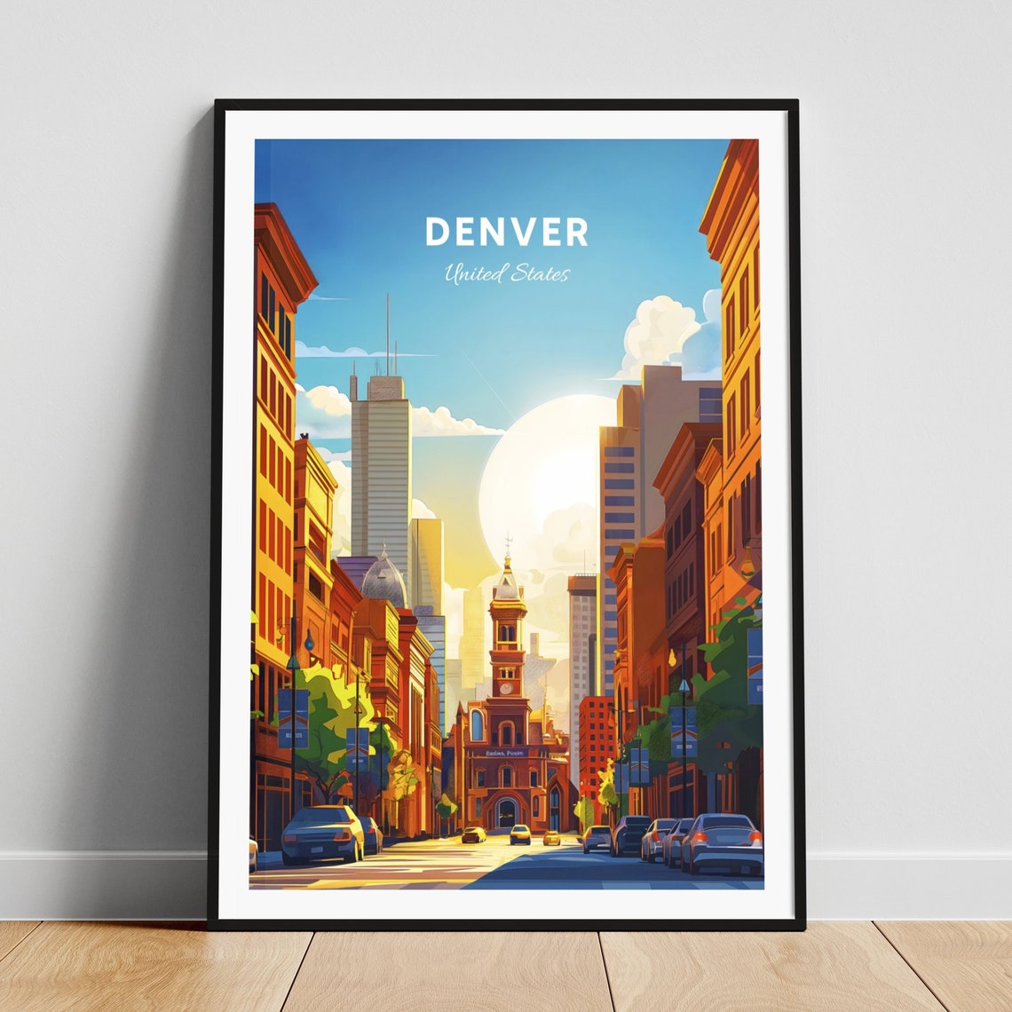 Denver Colorado Downtown Street Clock Tower Sunset Travel Poster