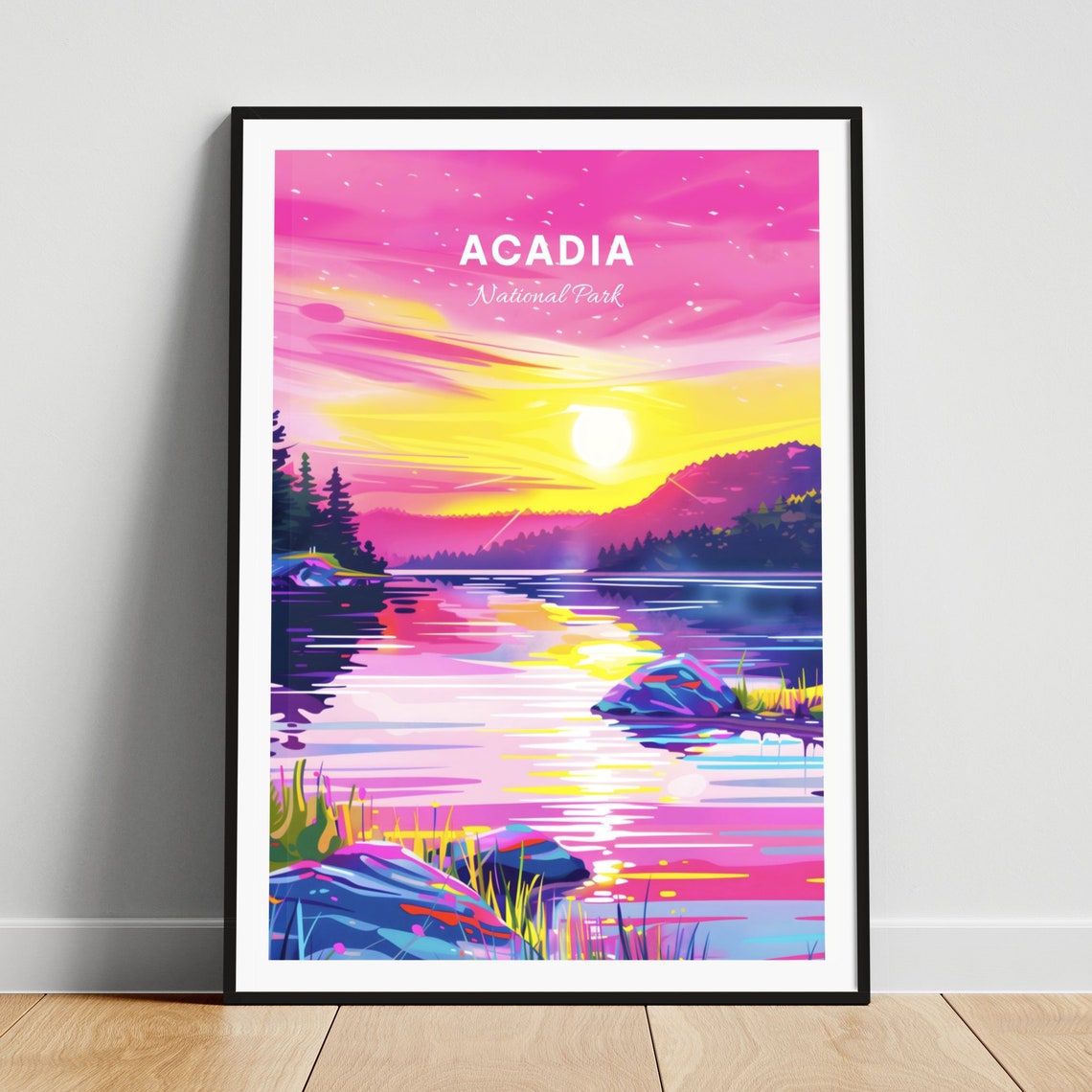 Acadia National Park Neon Sunset over a Rocky Lake Shore Poster