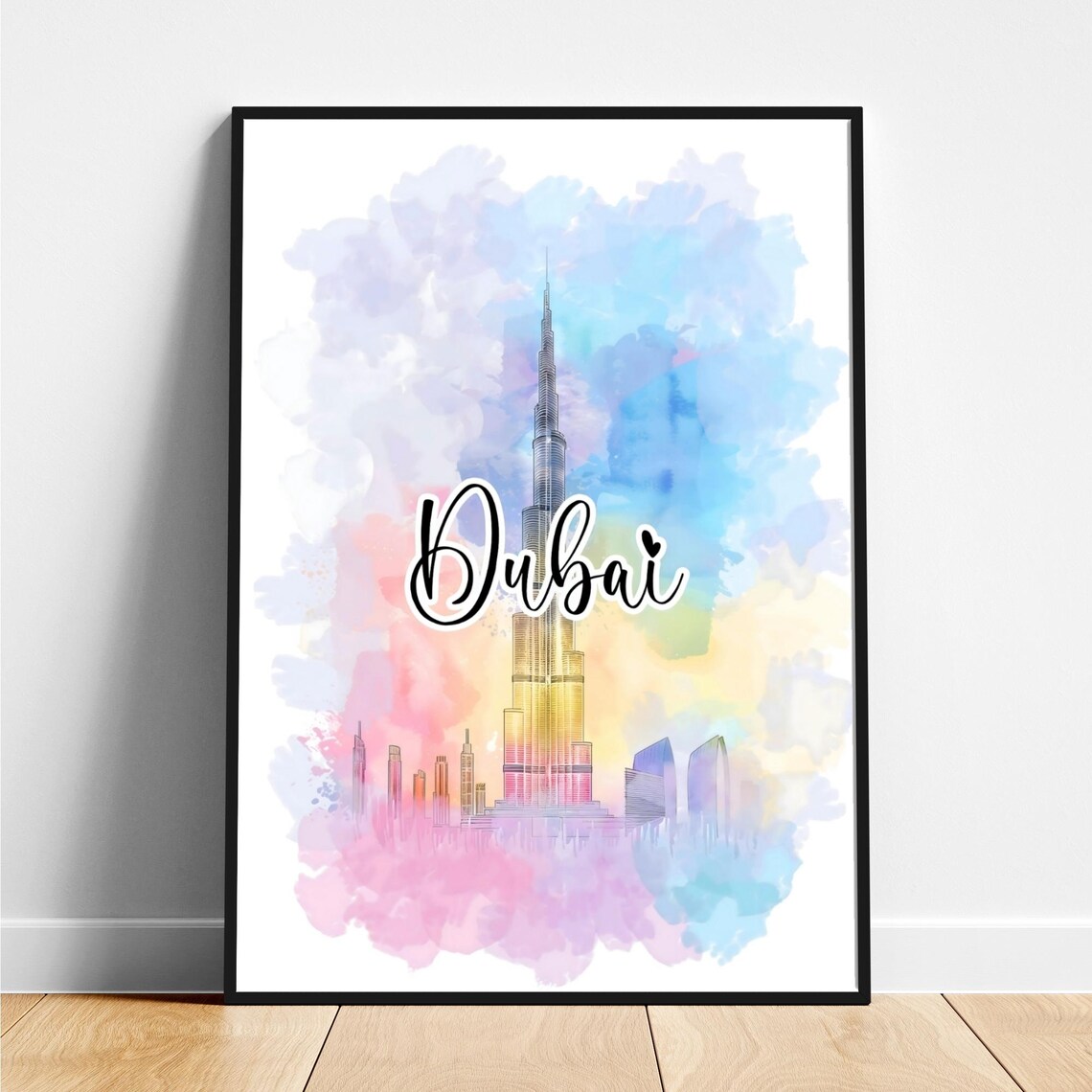 Dubai Burj Khalifa Skyline Watercolor Script Lettering Travel Poster