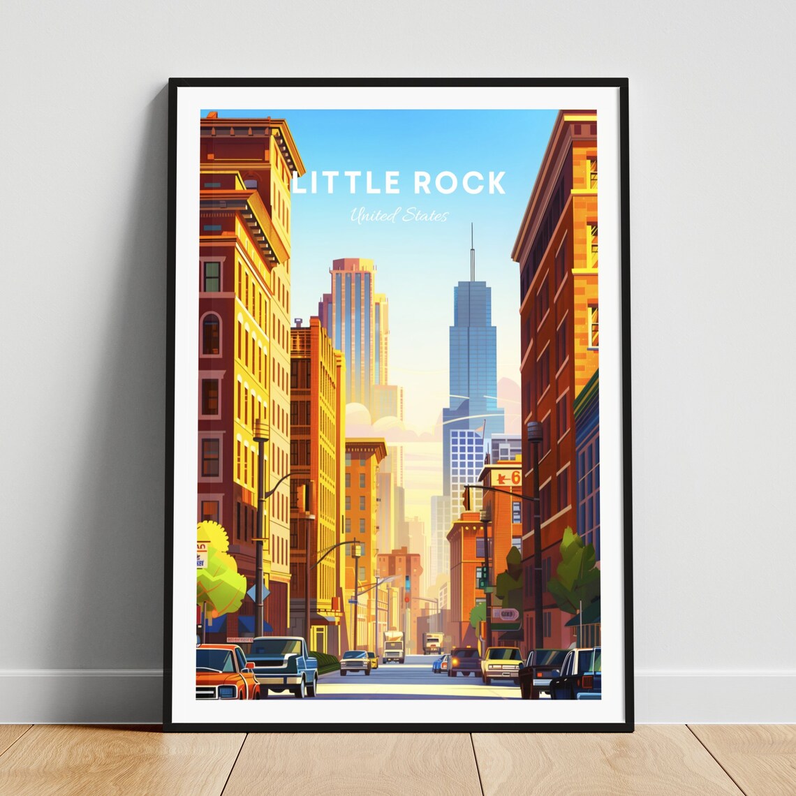 Little Rock Downtown Street with Traffic and Brick Buildings Poster