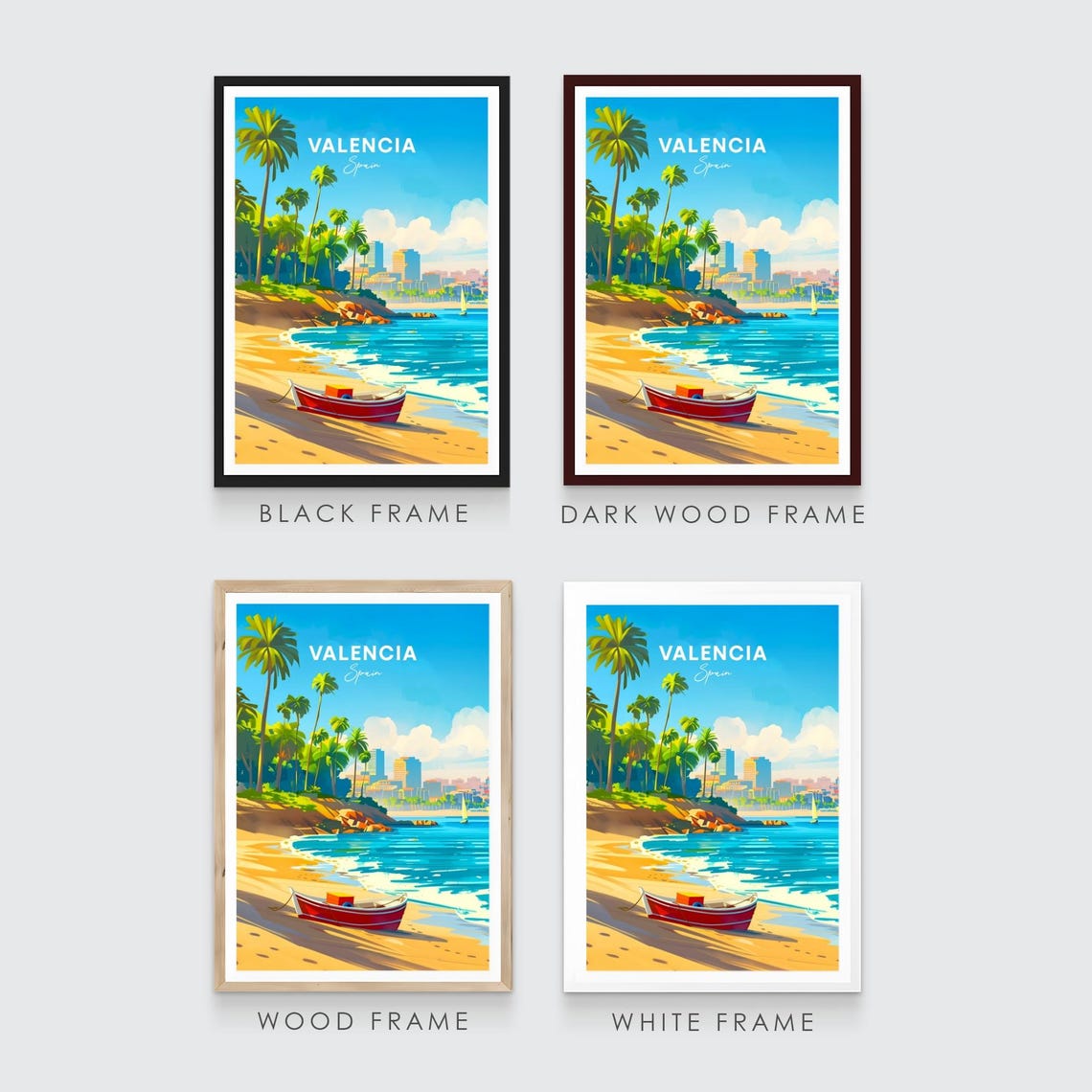Valencia Beach Palm Trees Red Boat Sunny Shoreline Travel Poster - Image 3