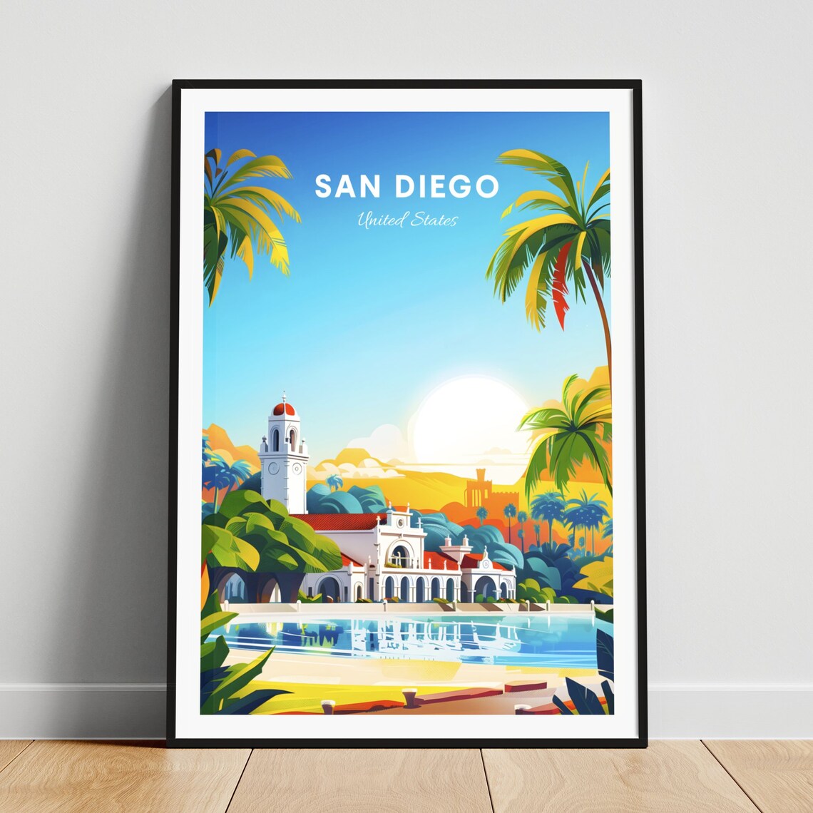 San Diego California Mission Style Building Palm Oasis Travel Poster