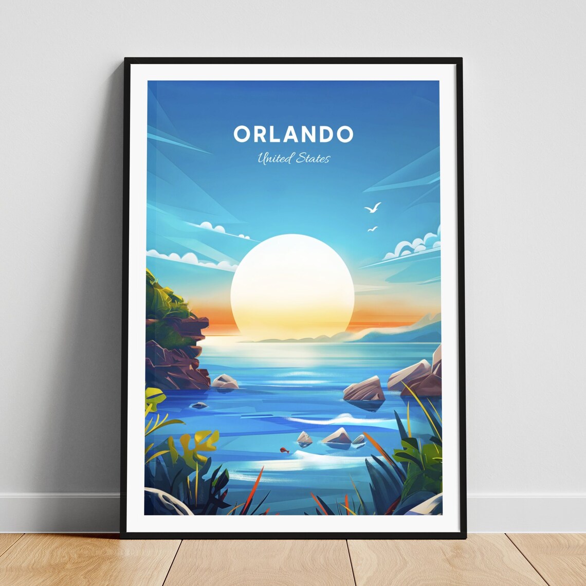 Orlando Florida Ocean Sunrise Waves Rocky Coast Vintage Travel Poster