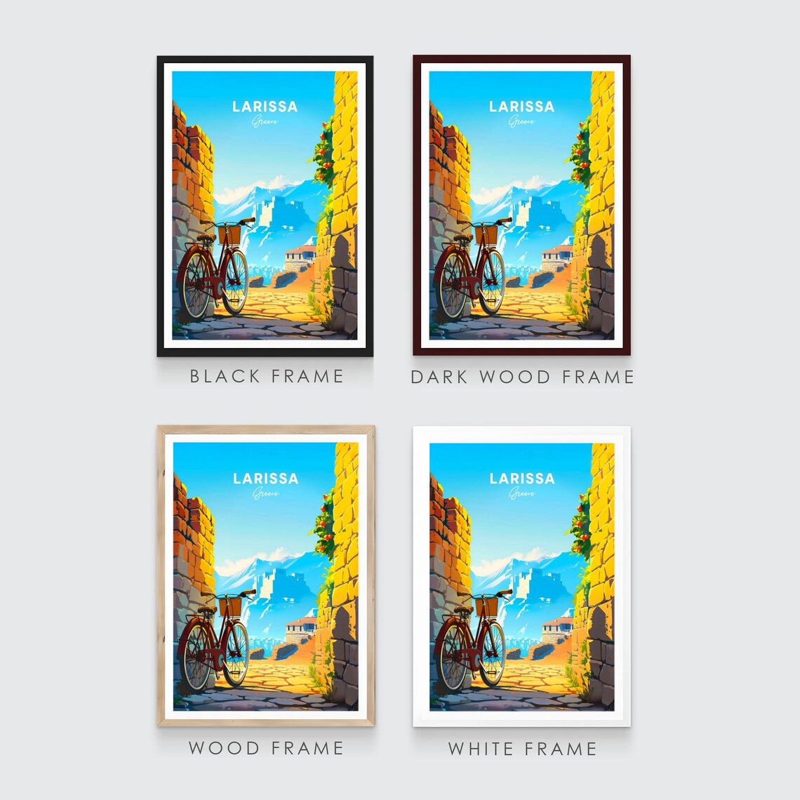 Larissa Greece Stone Archway Bicycle and Mountain Town Travel Poster - Image 3
