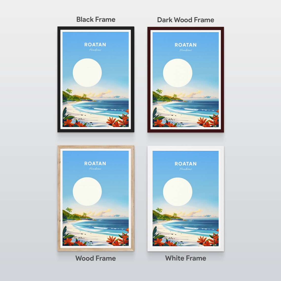 Roatan Honduras Sunny White Beach Tropical Flowers Travel Poster - Image 2