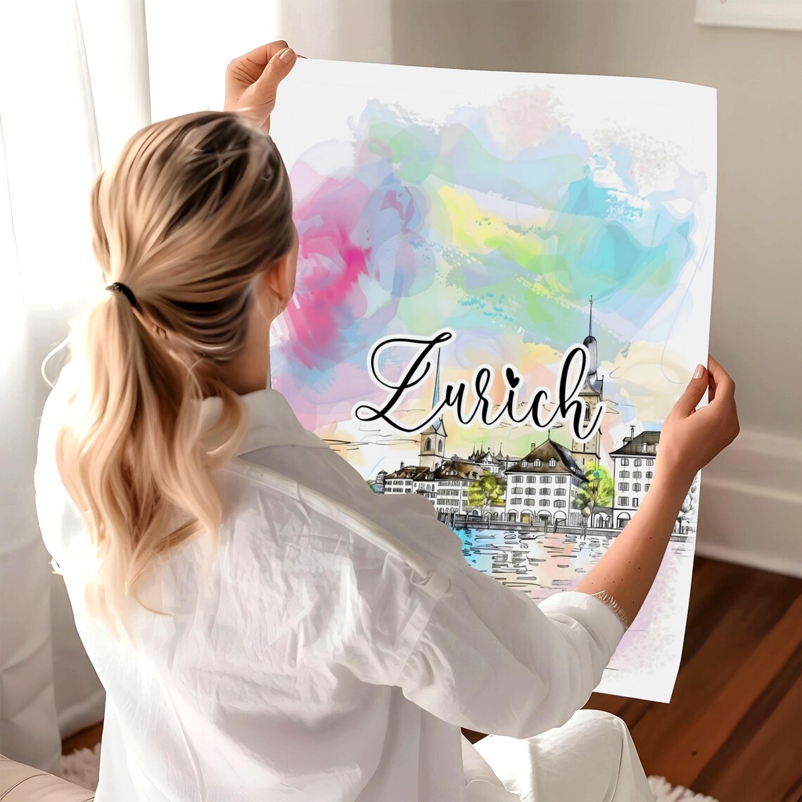 Zurich Switzerland Old Town Waterfront Watercolor Travel Poster - Image 2