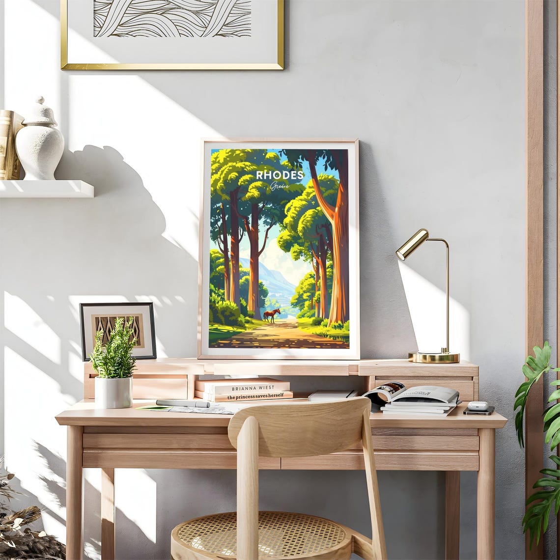 Rhodes Greece Forest Path Horse Tall Trees Sunlit Travel Poster - Image 4