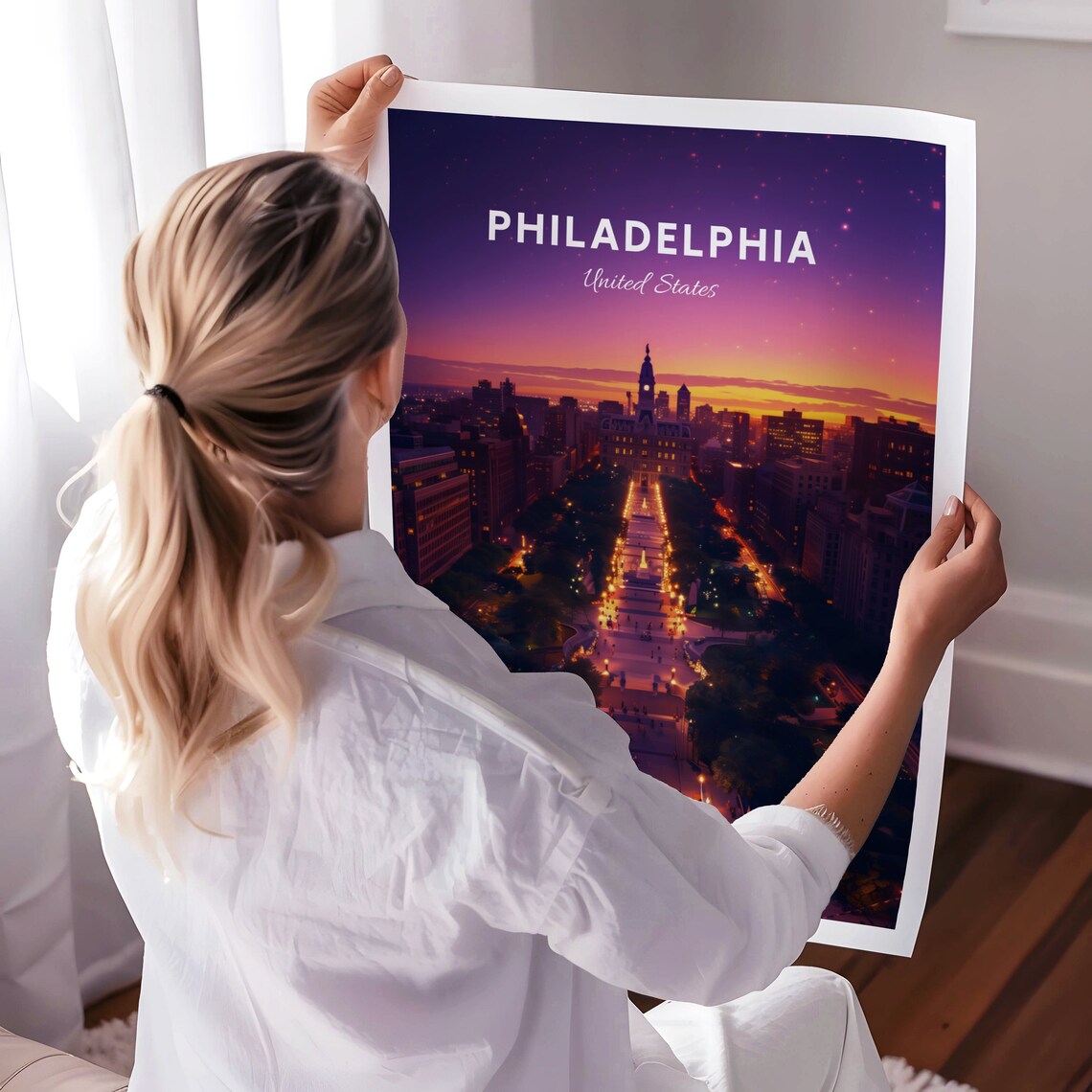 Philadelphia Pennsylvania City Hall Dusk Aerial Travel Poster - Image 3