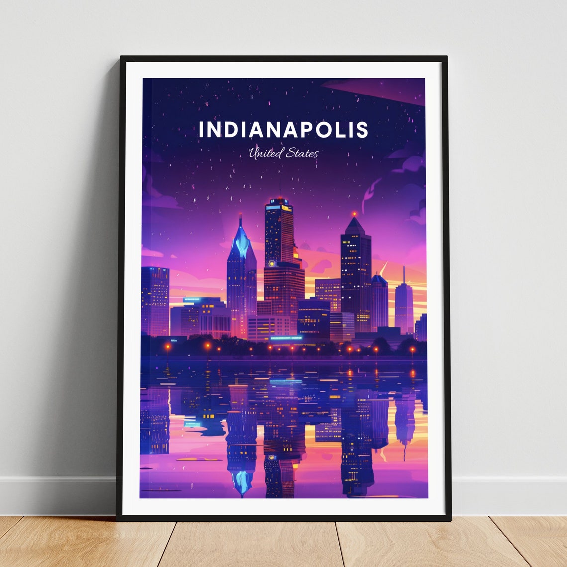 Indianapolis Indiana Night Skyline River Reflection Neon Glow Poster