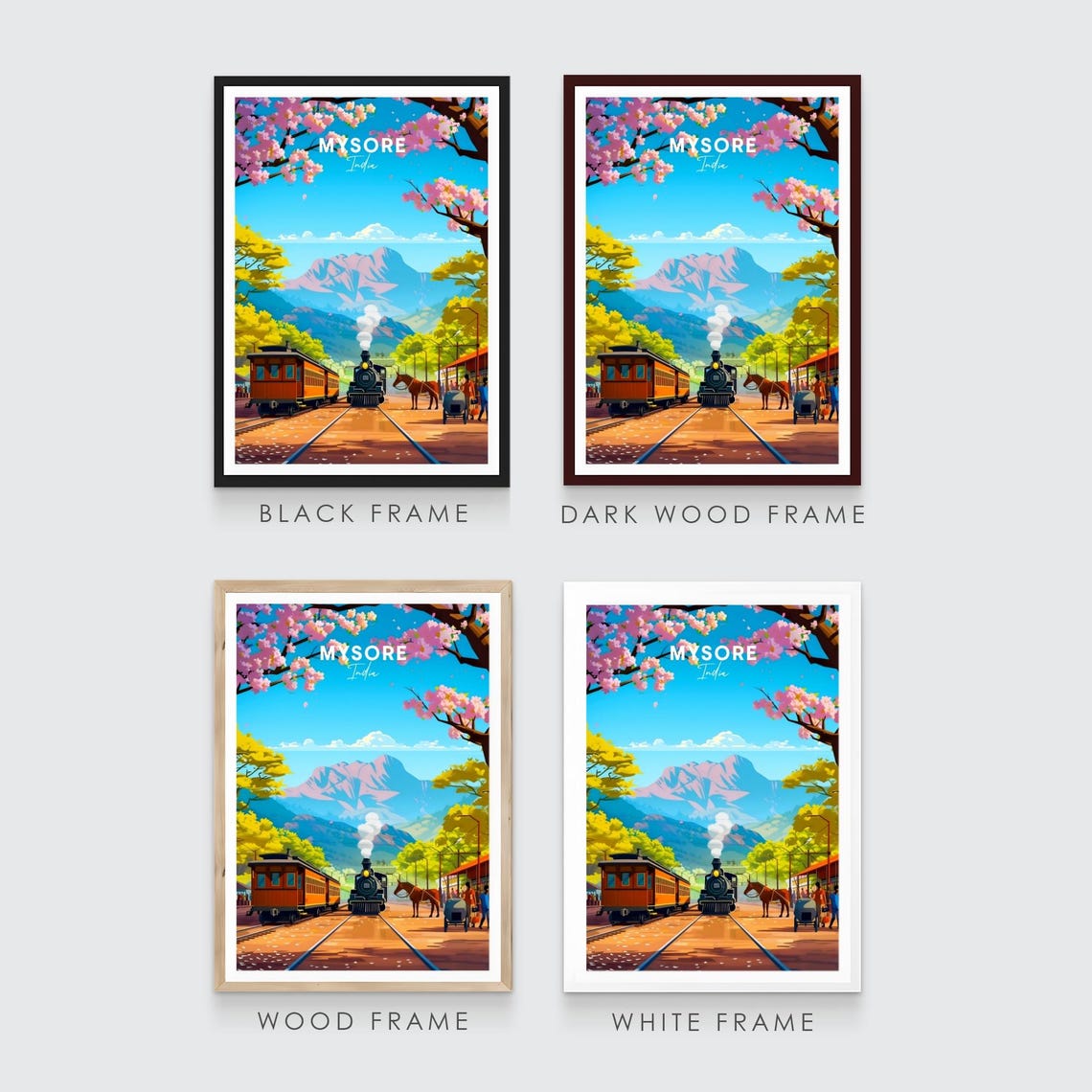 Mysore India Vintage Steam Train Station in Spring Blossom Poster - Image 3