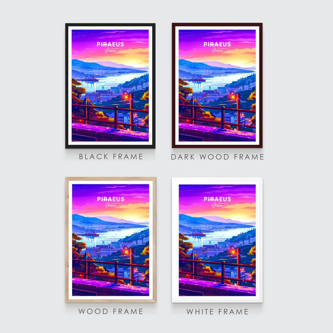 Piraeus Greece Sunset Harbor Panorama Neon Night Glow Travel Poster - Image 3