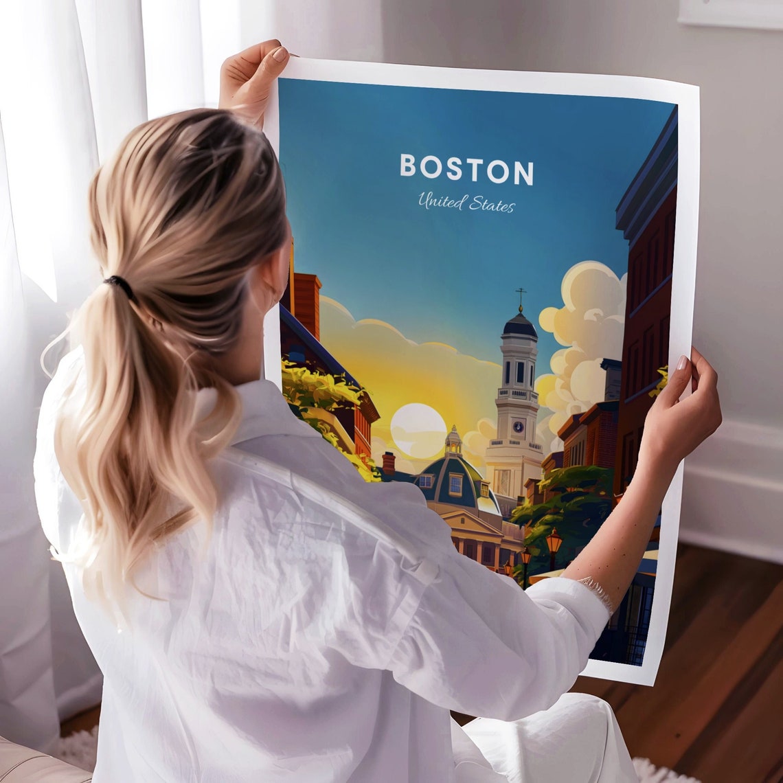 Boston Massachusetts Sunset Historic Clock Tower Square Travel Poster - Image 3