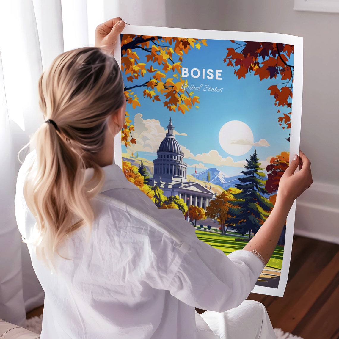 Boise Idaho Capitol Building Under Bright Sun Foothills Travel Poster - Image 3