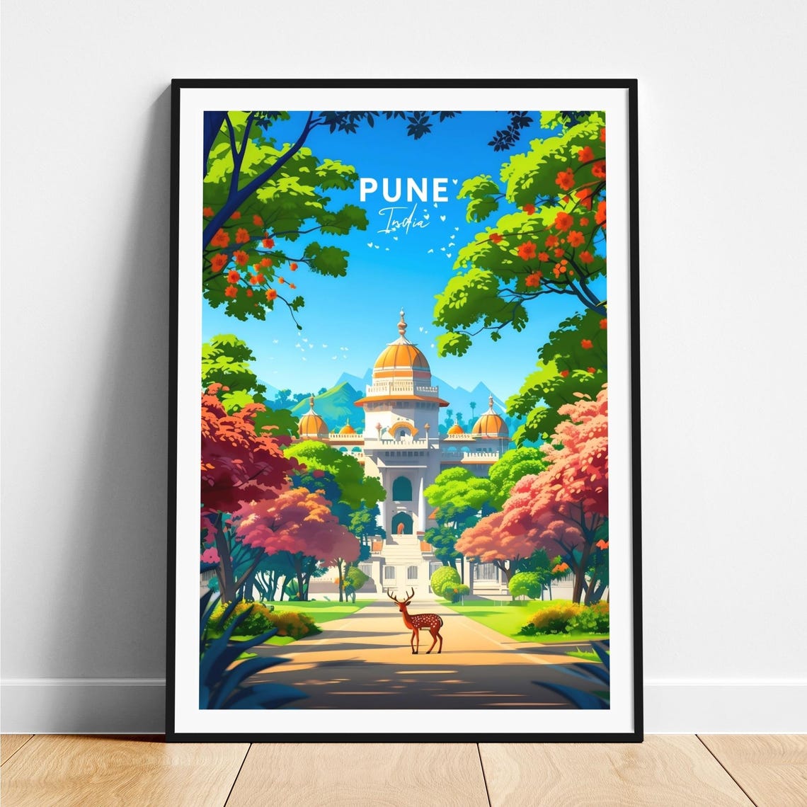 Pune Domed Palace Gardens Deer Blossoms Vintage Travel Poster