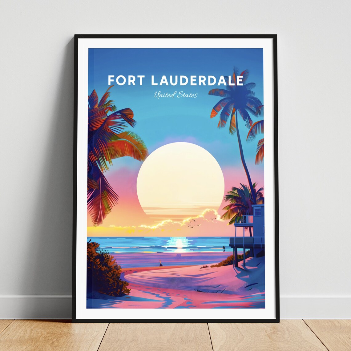 Fort Lauderdale Sunset Beach Lifeguard Tower Palm Trees Travel Poster