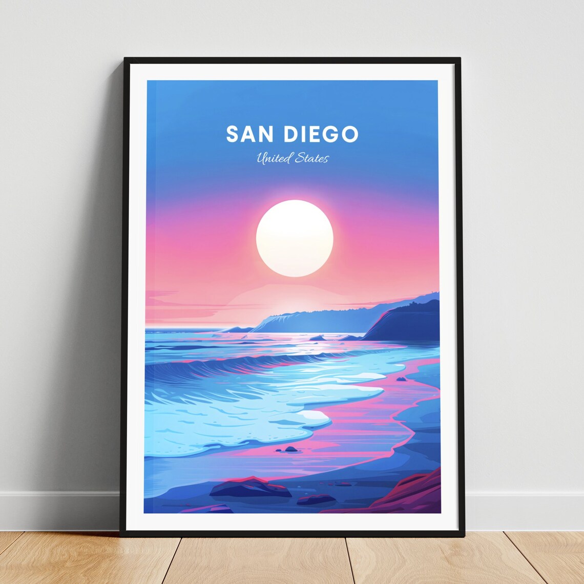 San Diego California Pink Sunset Ocean Waves Beach Travel Poster