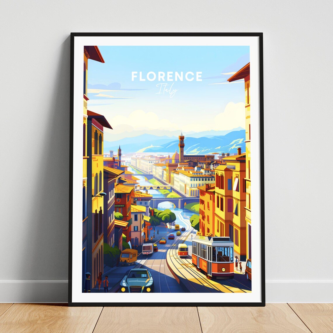 Florence Italy Vintage Tram Street Cityscape Travel Poster Art