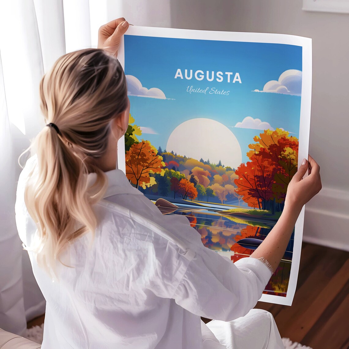 Augusta United States Autumn Lake Mirror Fall Foliage Travel Poster - Image 3