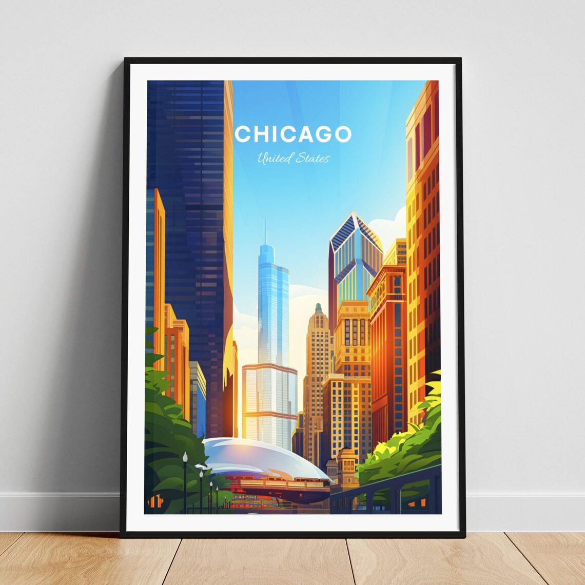 Chicago Illinois Willis Tower Cloud Gate Street Day Travel Art Poster