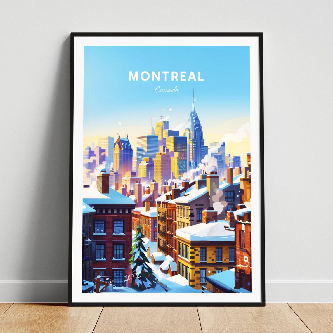 Montreal Canada Snowy Winter Rooftops with Christmas Tree Poster