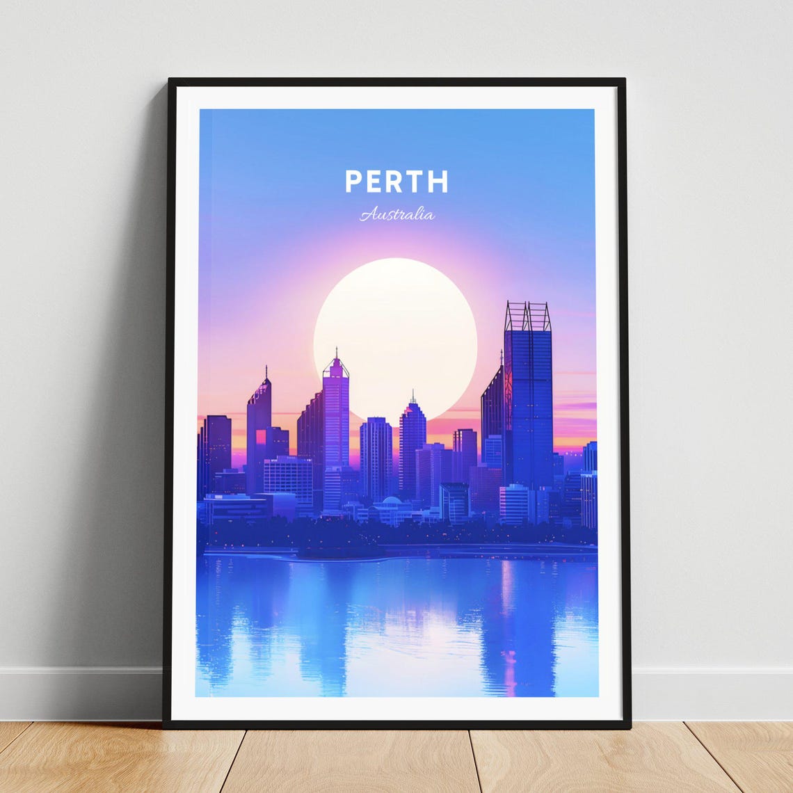 Perth Australia Sunset Skyline with River Reflection Travel Poster