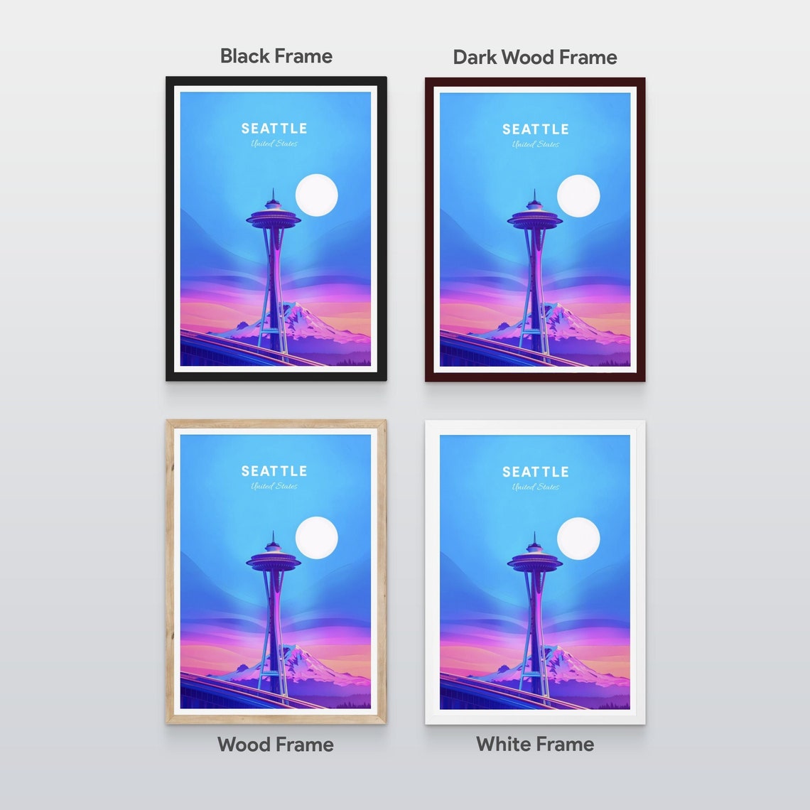Seattle Washington Space Needle Mount Rainier Sunrise Travel Poster - Image 2