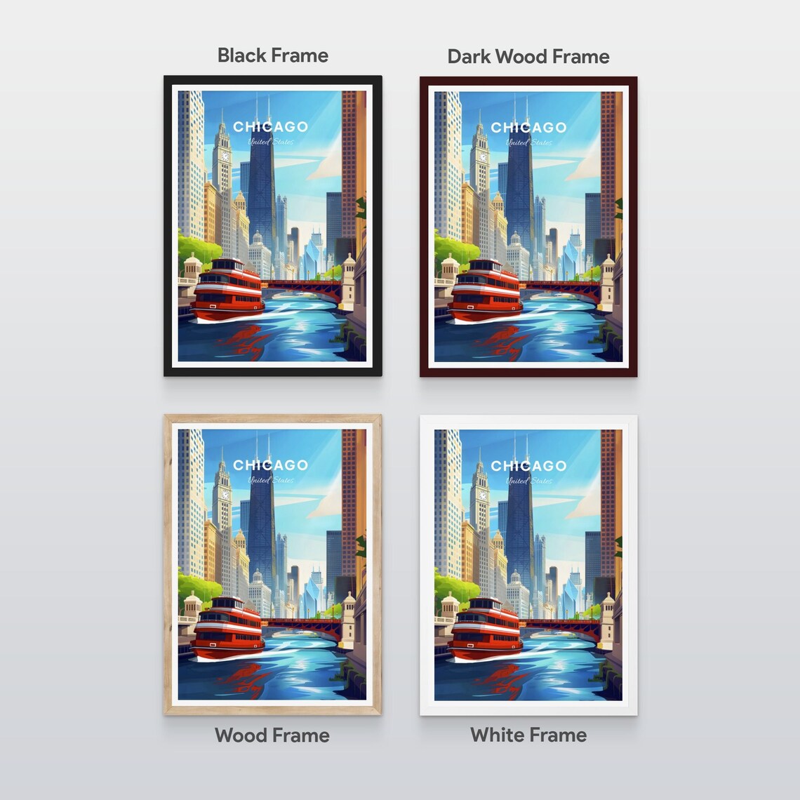 Chicago River Tour Boat Red Bridge Clock Tower Day Travel Poster - Image 2