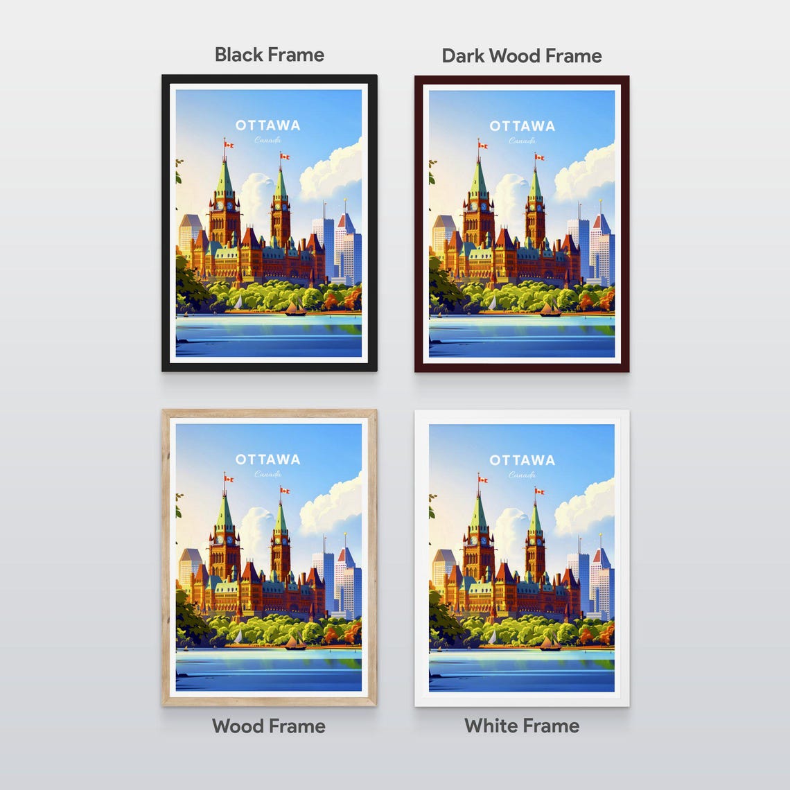 Ottawa Canada Parliament Twin Towers River Sailboats Travel Poster - Image 2