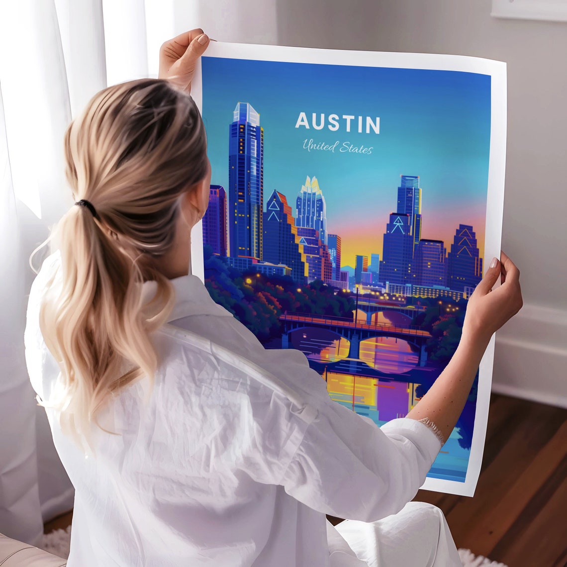 Austin Texas Downtown Skyline Sunset Bridge River Reflection Poster - Image 3