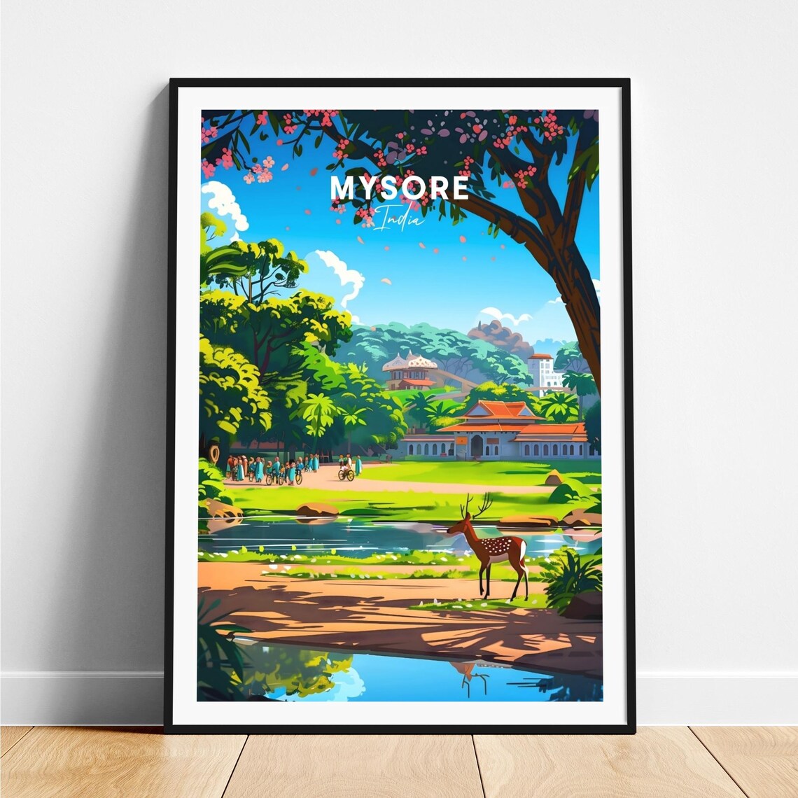 Sunny Mysore India Park Pavilion with Deer by the Lake Poster