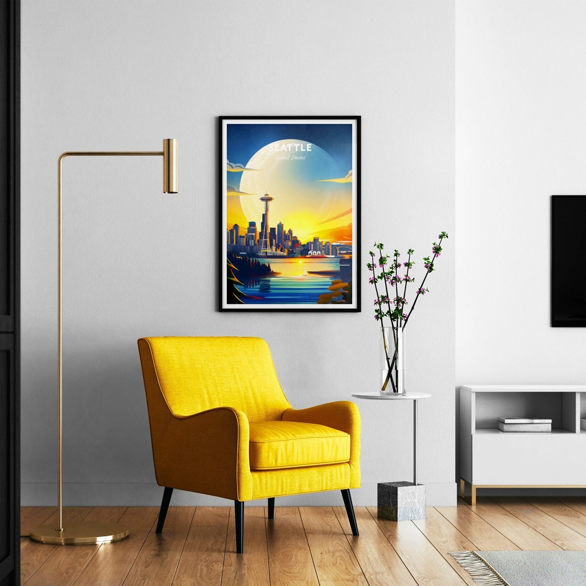 Seattle Washington Giant Moon Space Needle Sailboat Bay Travel Poster - Image 3