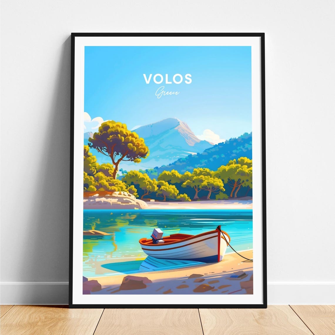 Volos Greece Rowboat Sandy Beach Shore Mountain Travel Poster