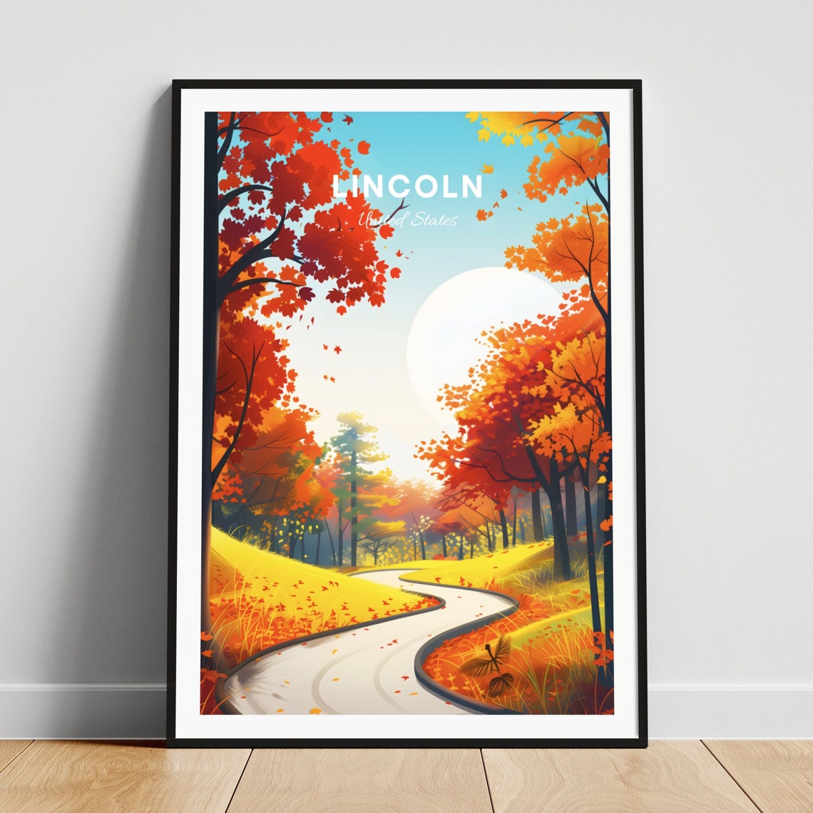 Lincoln United States Winding Autumn Road Red Maple Forest Poster