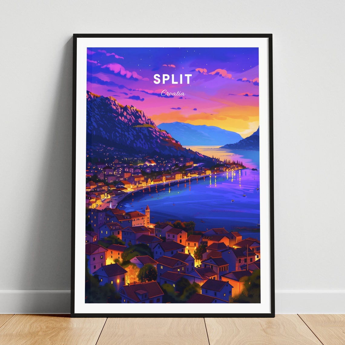 Split Croatia Harbor Sunset Coastline City Lights Travel Poster