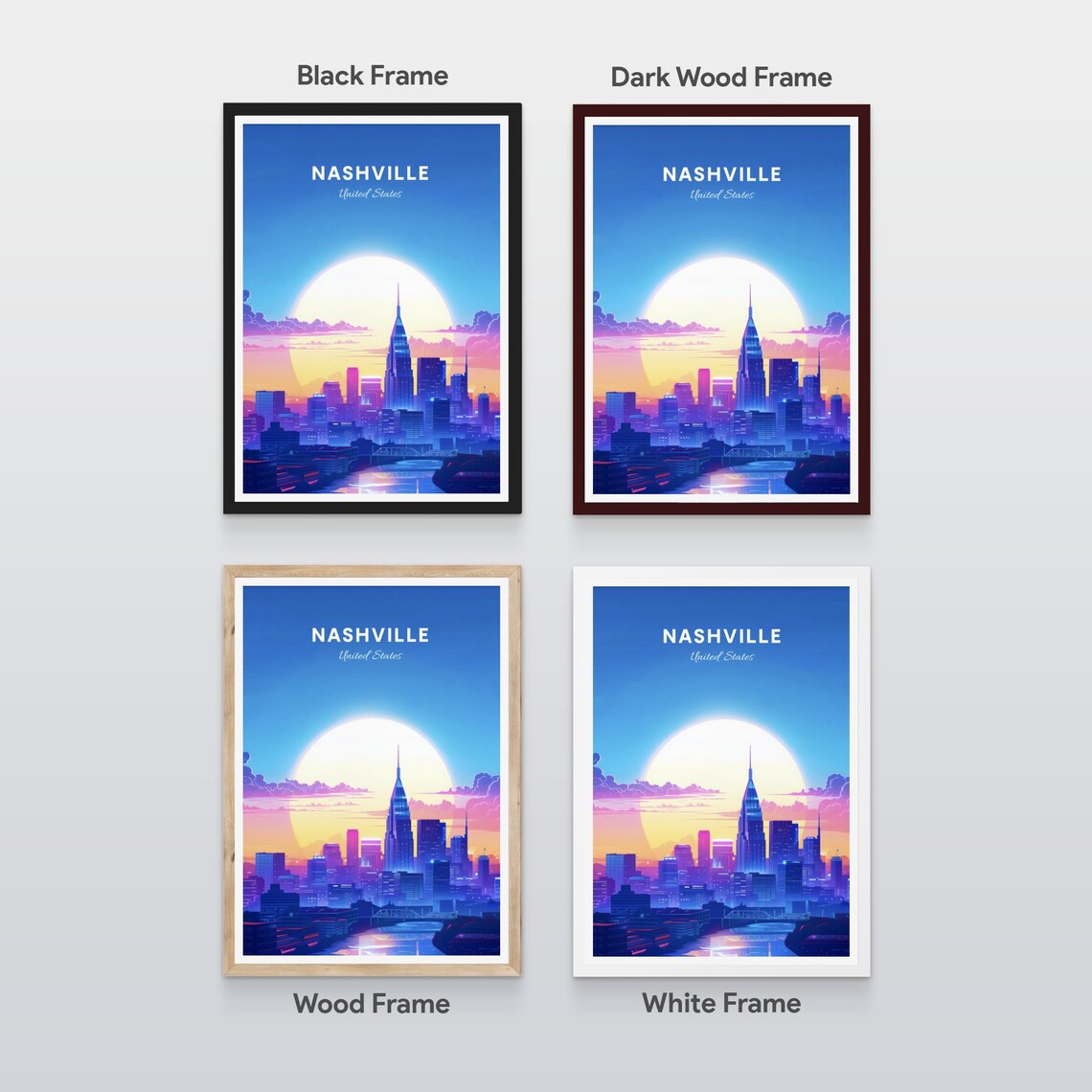 Nashville Tennessee Skyline River Bridge Sunset Travel Art Poster - Image 2