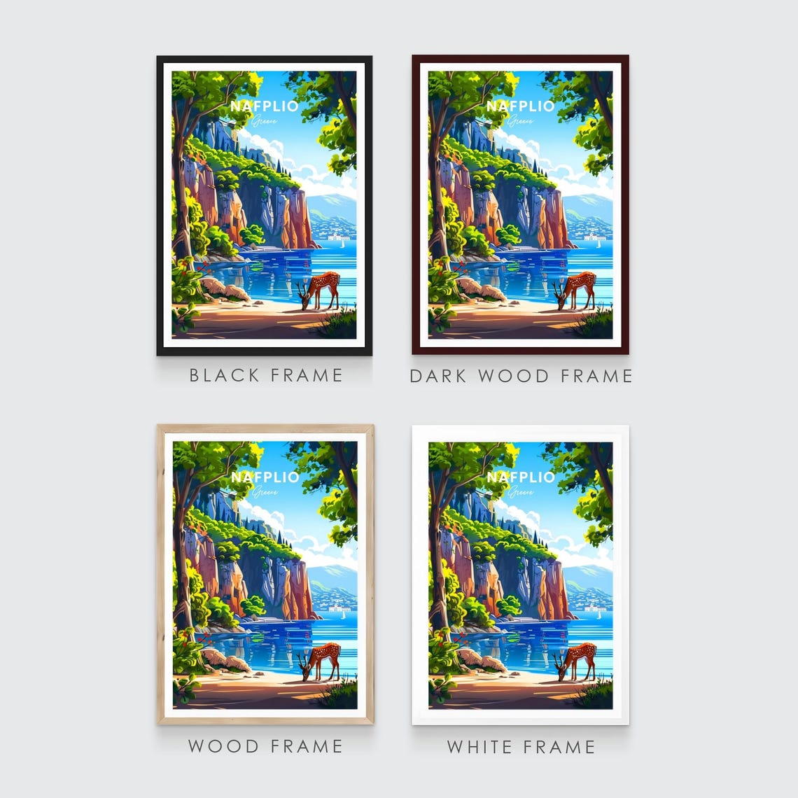 Nafplio Greece Deer Shoreline Cliff Fortress Harbor View Travel Poster - Image 3