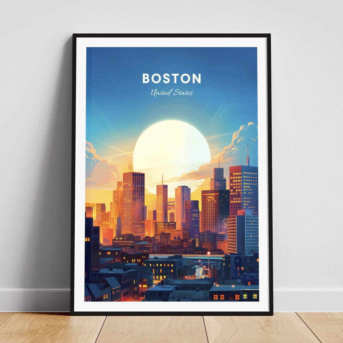 Boston Massachusetts Sunset Skyline Golden Light City Travel Poster