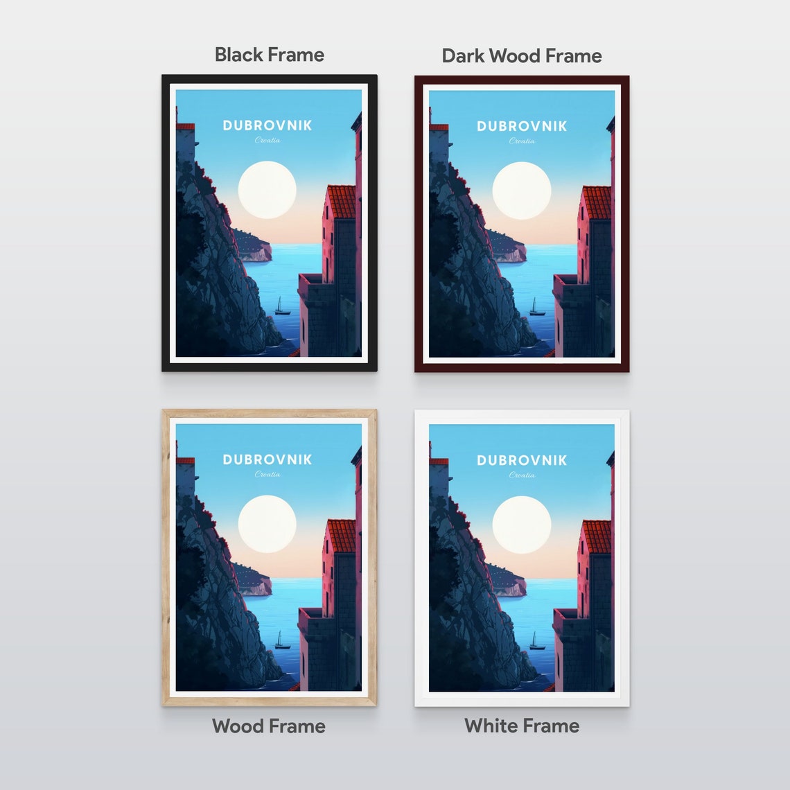 Dubrovnik Croatia Ancient Cliff Tower Sunset Sailboat Poster - Image 2