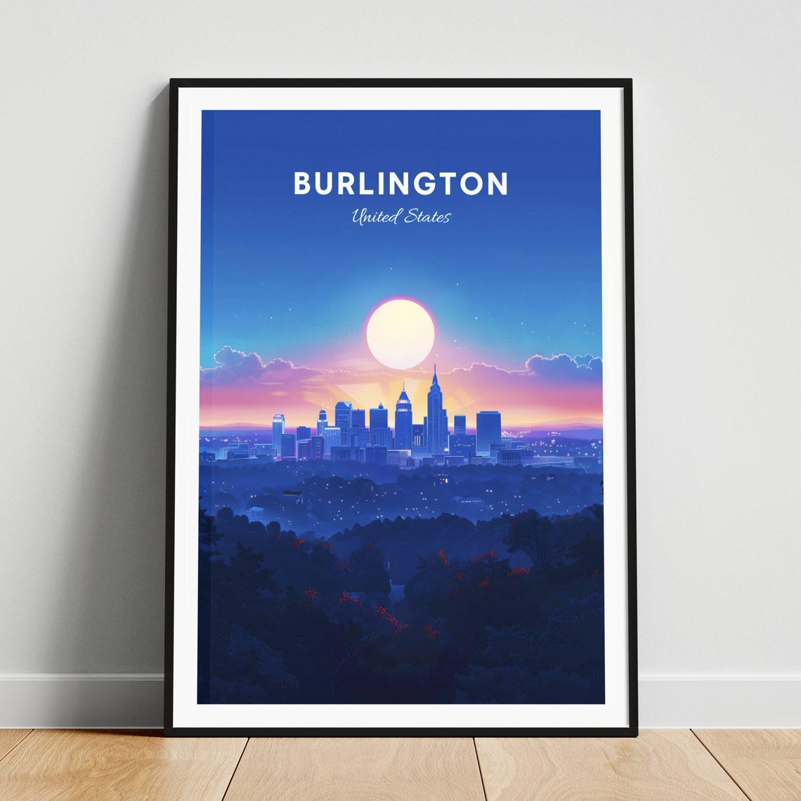 Burlington Moonlit Skyline Above Twilight Forest Hills Travel Poster
