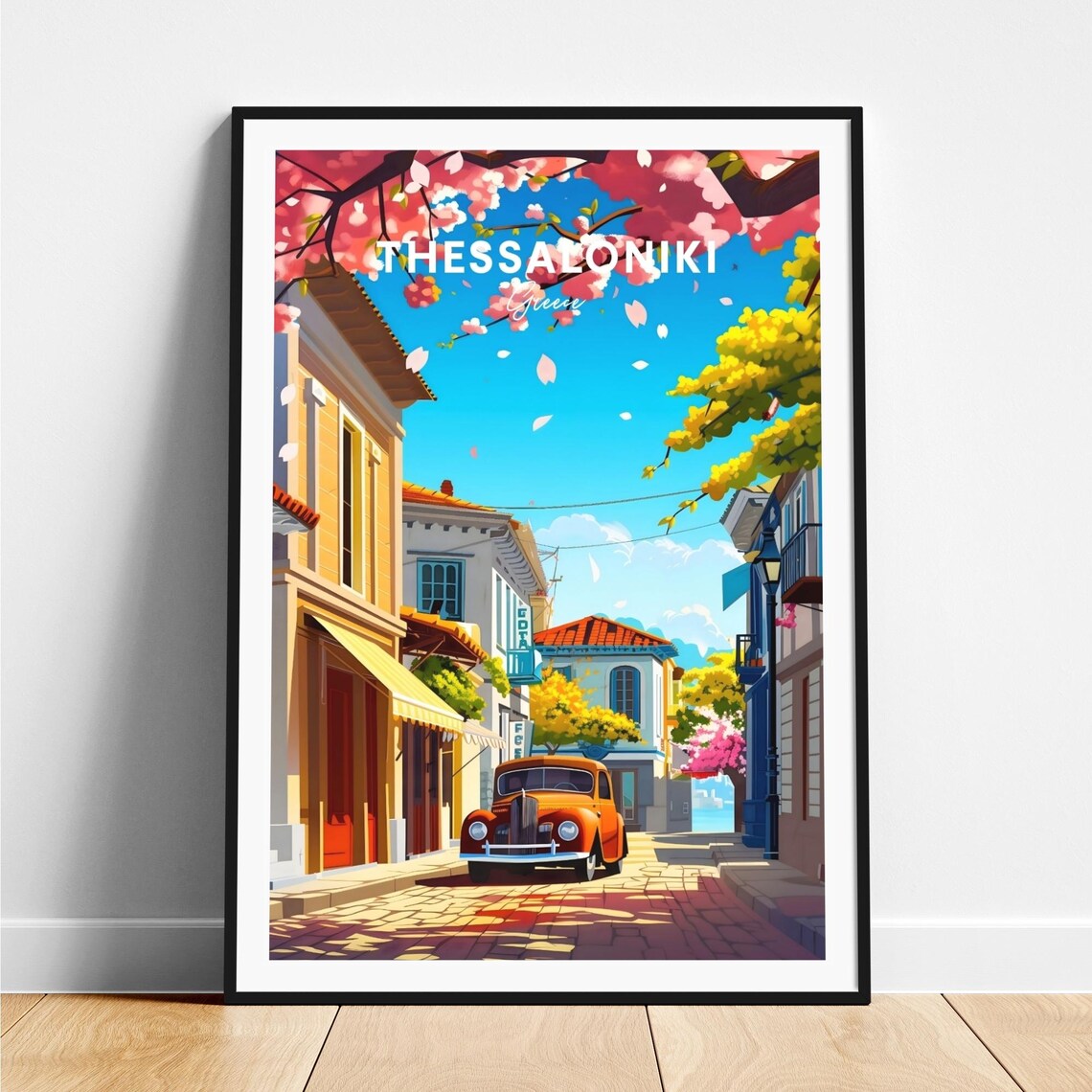 Thessaloniki Blossom Street Vintage Car Greece Travel Poster