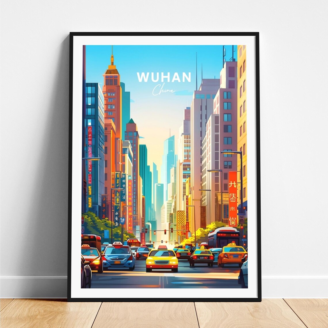 Wuhan China Downtown City Street Yellow Taxis Skyline Poster
