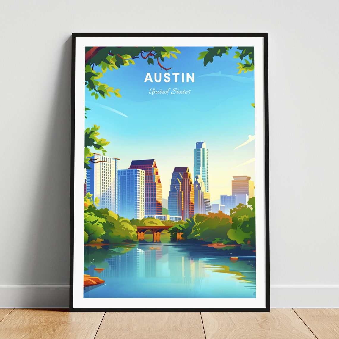 Austin Texas Downtown Skyline River Trees Golden Travel Poster