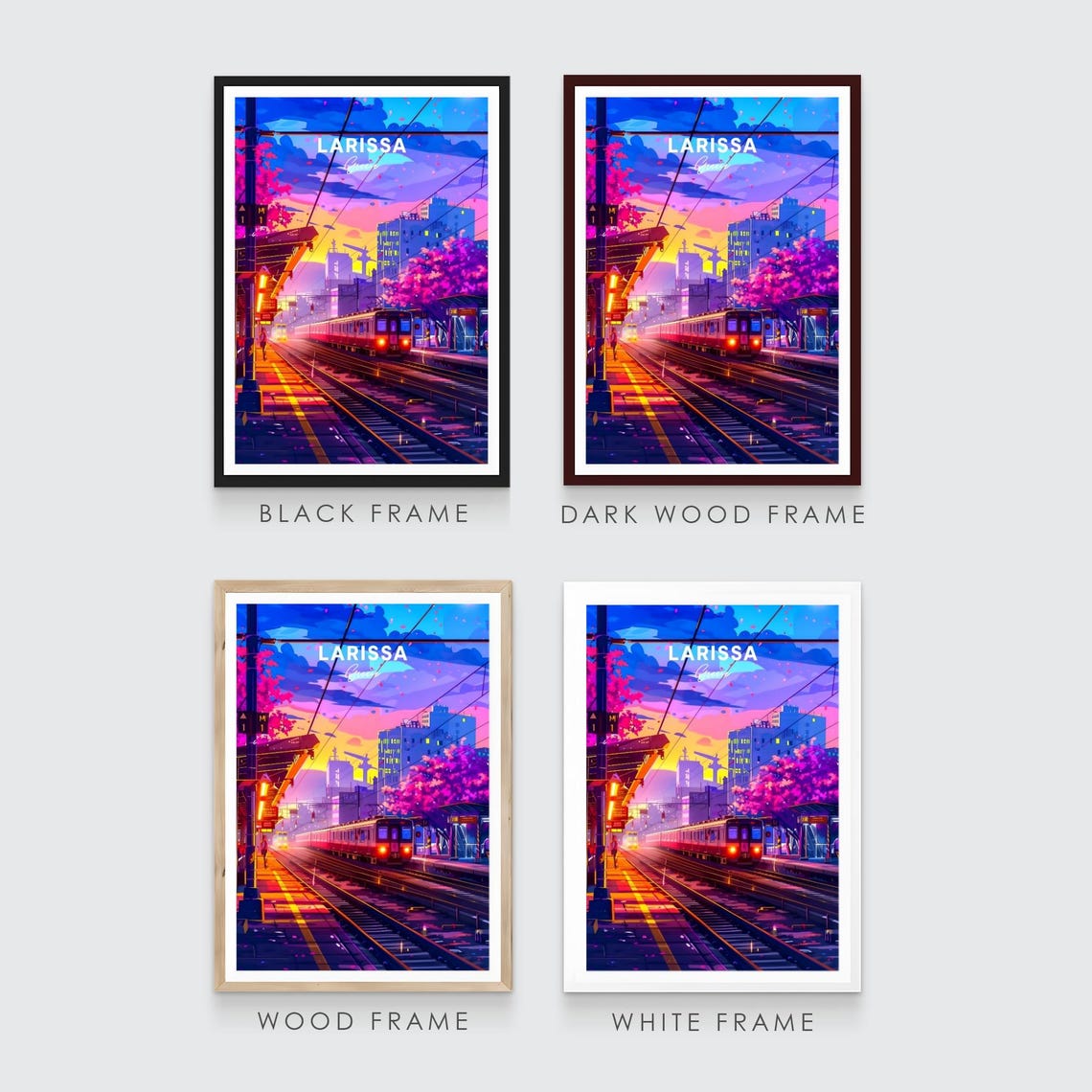 Larissa Greece Sunset Train Station Neon Evening Travel Poster - Image 3