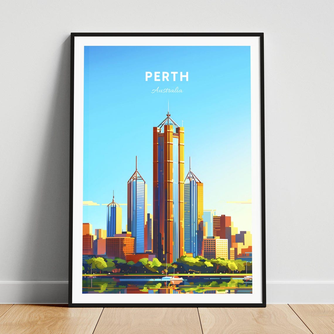 Perth Australia City Skyline Skyscraper River Waterfront Poster