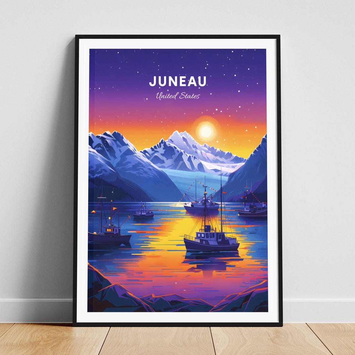 Juneau Alaska Night Harbor Boats Snowy Mountains Scene Poster