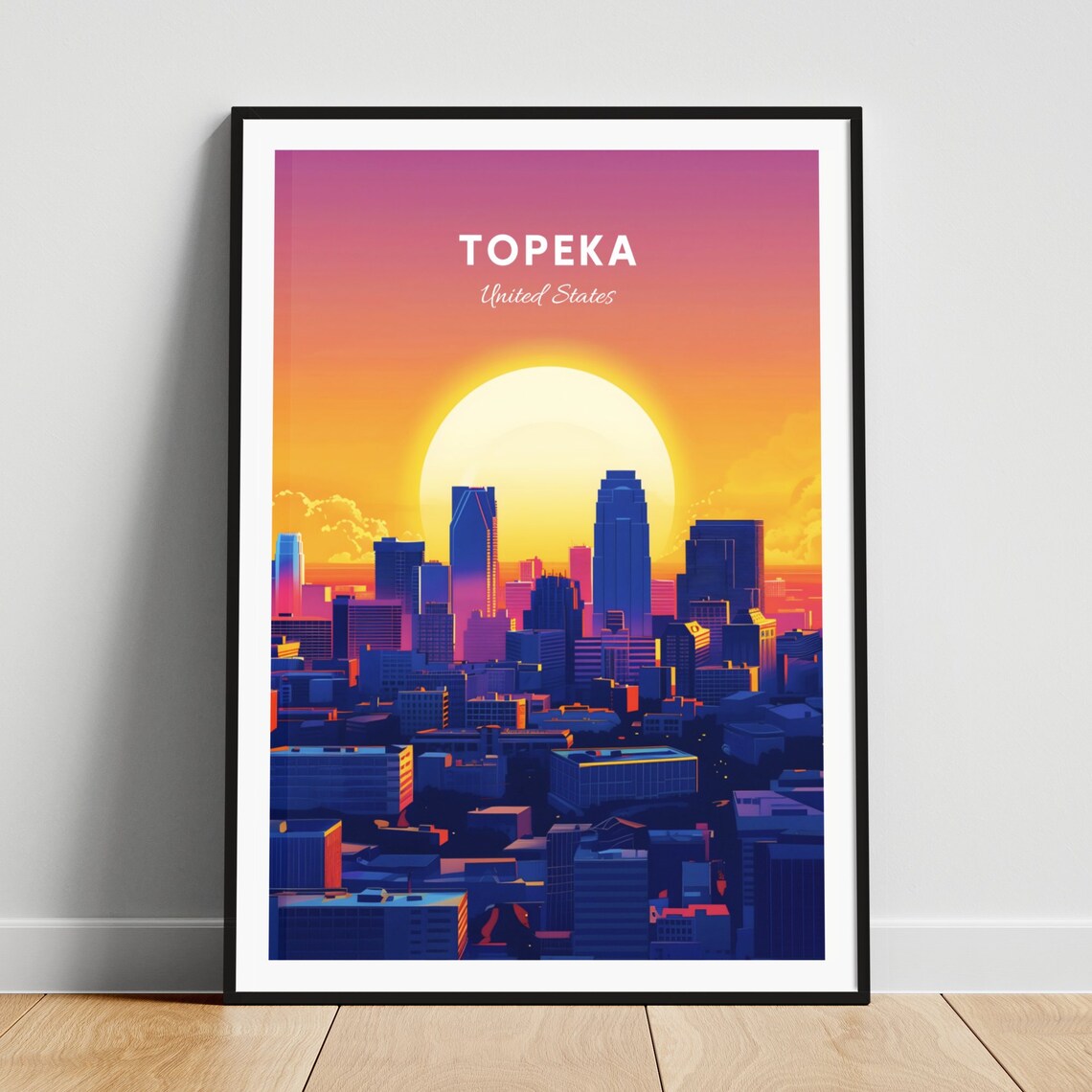 Topeka Kansas Sunset Skyline Orange Sky Vintage Travel Poster
