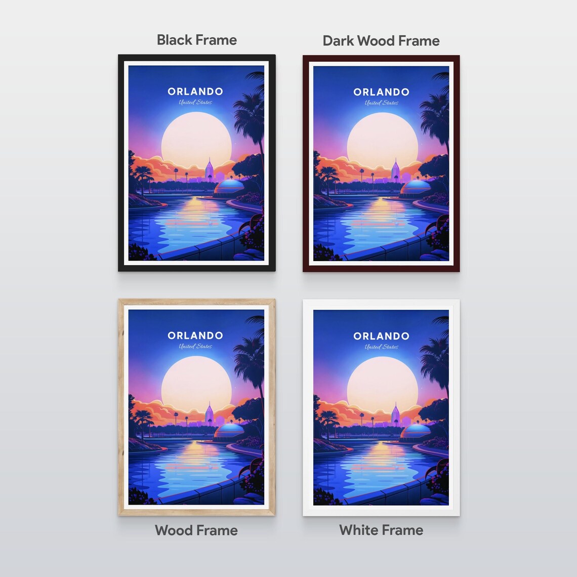 Orlando Florida Neon Sunset Lake Palm Trees City Travel Poster - Image 2