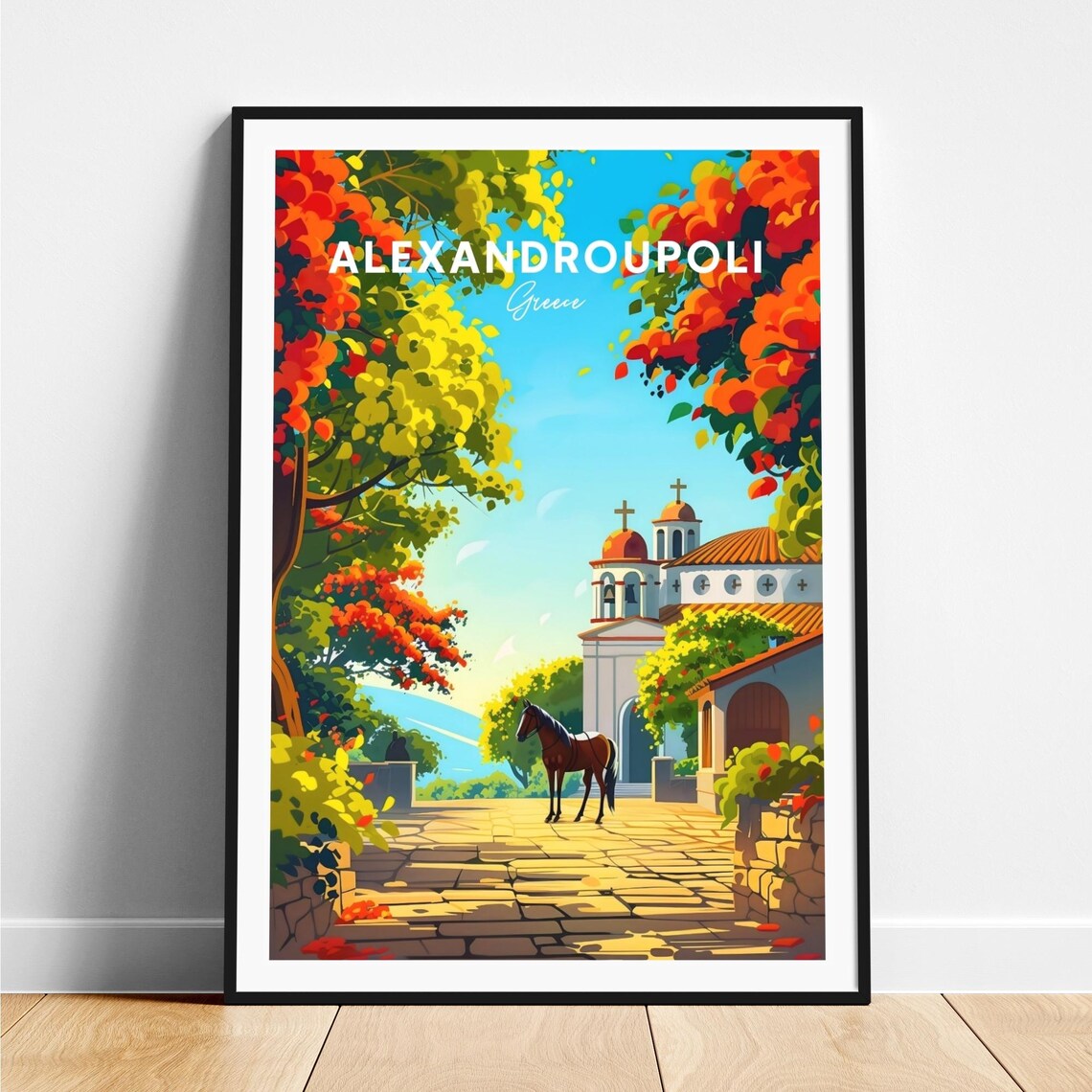 Alexandroupoli Greece Horse Church Courtyard Blossom Travel Poster