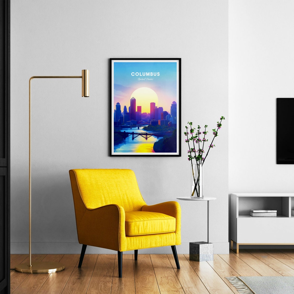Columbus Skyline Sunset River Bridge Golden Hour Travel Poster - Image 3